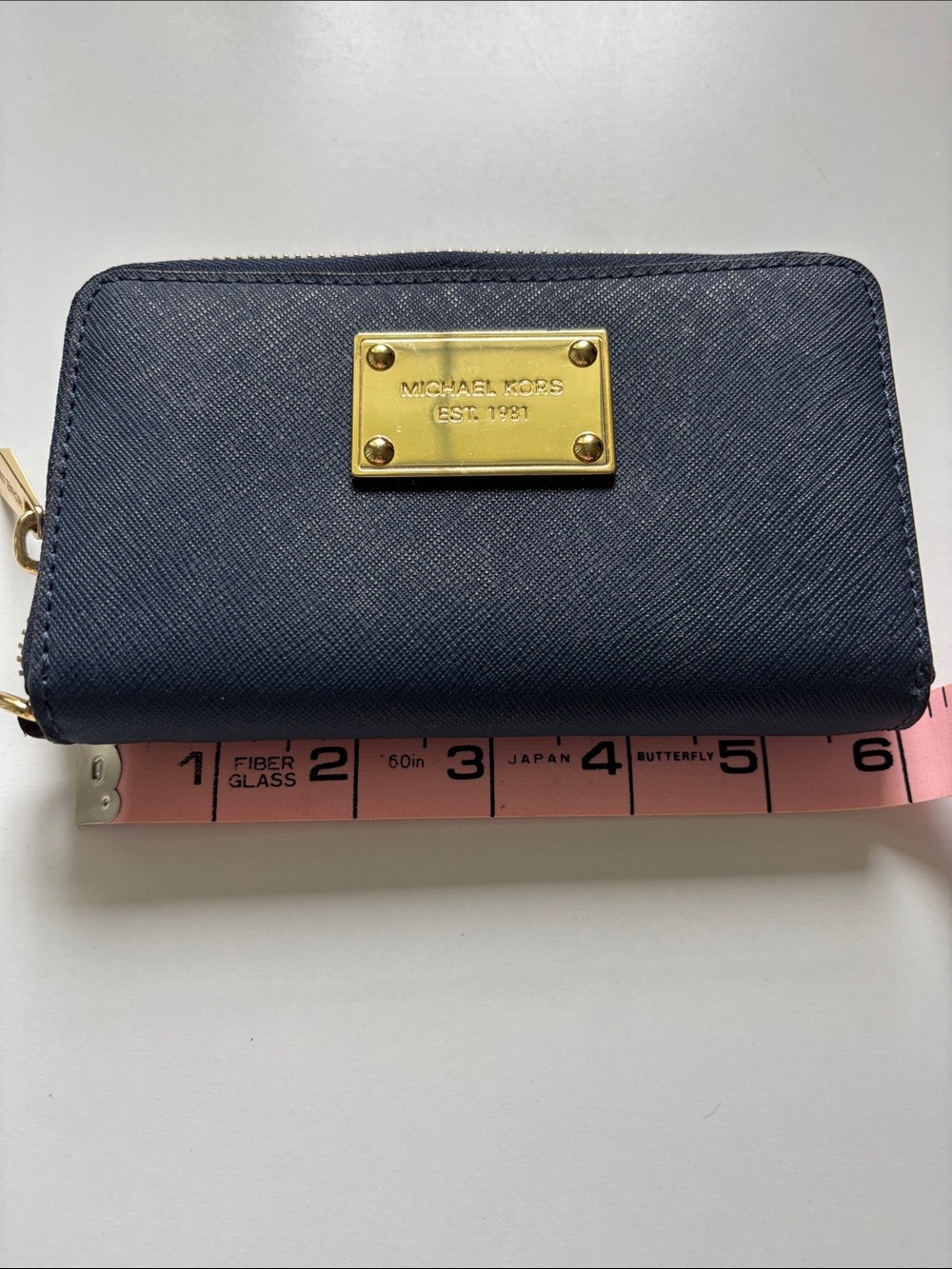 Michael Kors Navy Saffiano Zip-Around Wallet with Gold Plate